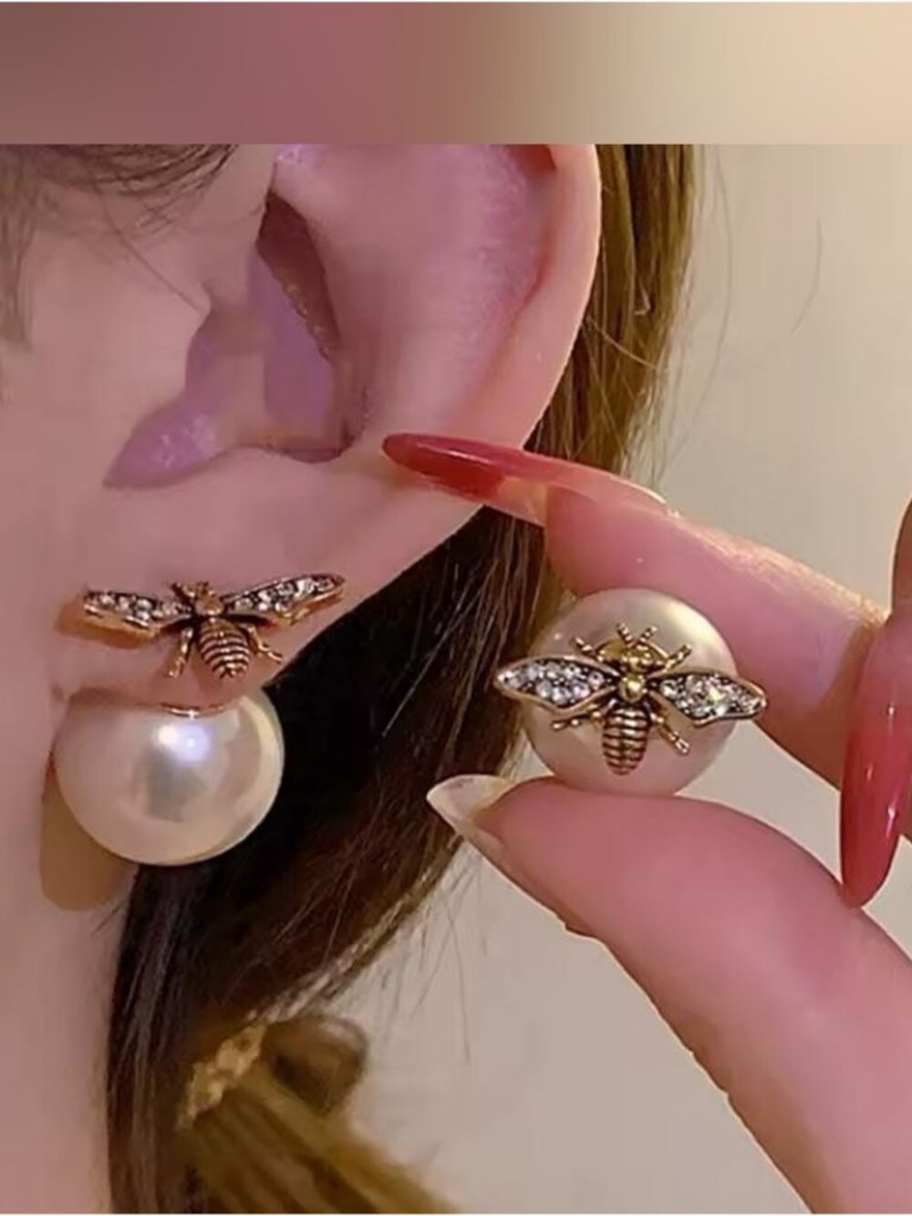 Gold Bee Pearl Double-Back Stud Earrings
